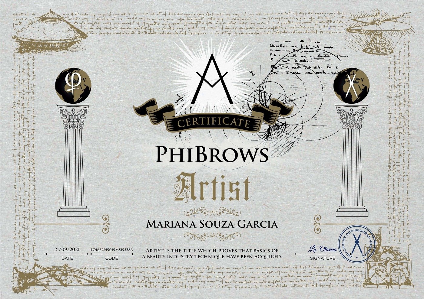 Certificado Phibrows da Phi Academy emitido em 21 de setembro de 2021 em nome de Mariana Souza Garcia, com selo de Verificação Internacional